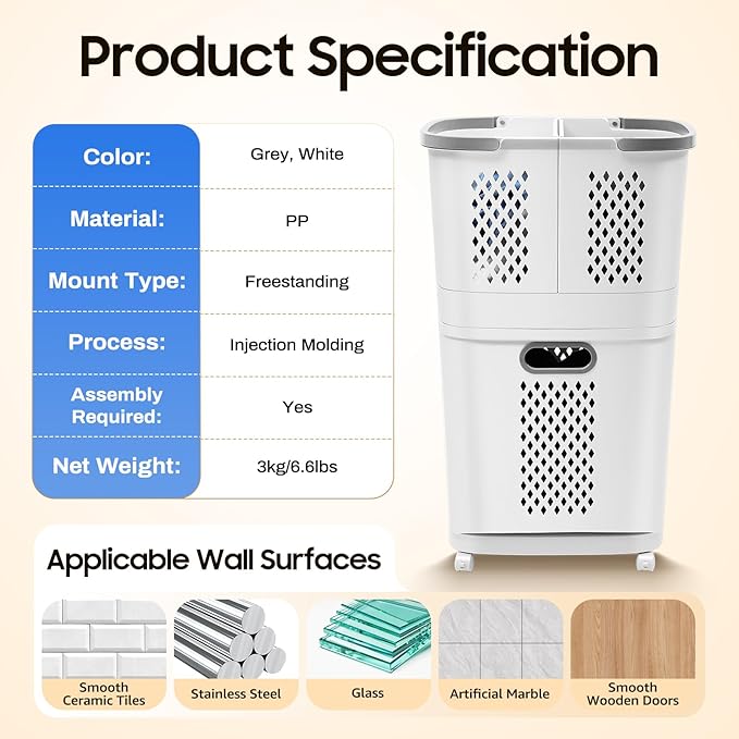 3-Layer Rolling Laundry Hamper,Removable Clothes Hamper Organizer with Wheels, Thick Storage Rack Classification Compact,Tiered Hamper 4 Partitions for Bedroom Laundry Room Bathroom(17x12in)