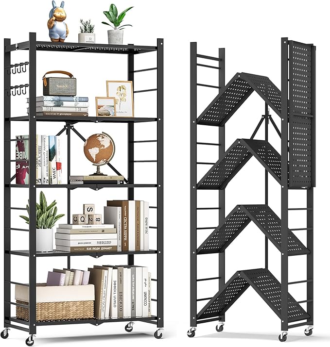 5-Tier Folding Metal Storage Shelf with Wheels & Hooks, Heavy Duty Utility Rack, No-Assembly Collapsible Organizer for Kitchen, Garage, Office, Living Room – 750 lbs Capacity(Black, 5-Tier)