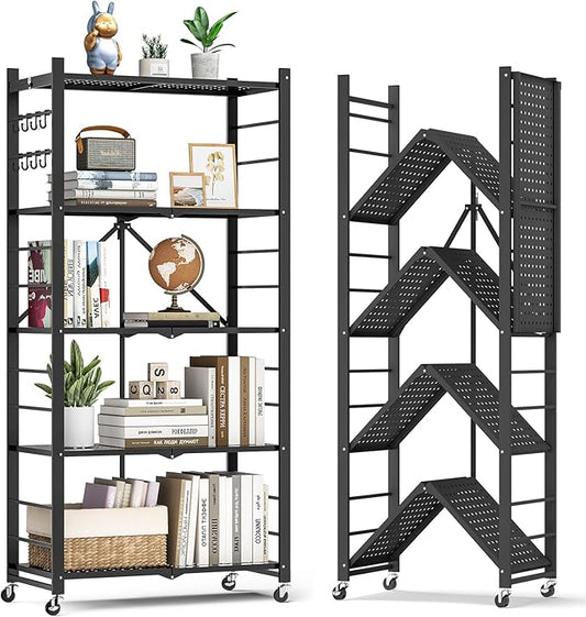 5-Tier Folding Metal Storage Shelf with Wheels & Hooks, Heavy Duty Utility Rack, No-Assembly Collapsible Organizer for Kitchen, Garage, Office, Living Room – 750 lbs Capacity(Black, 5-Tier)
