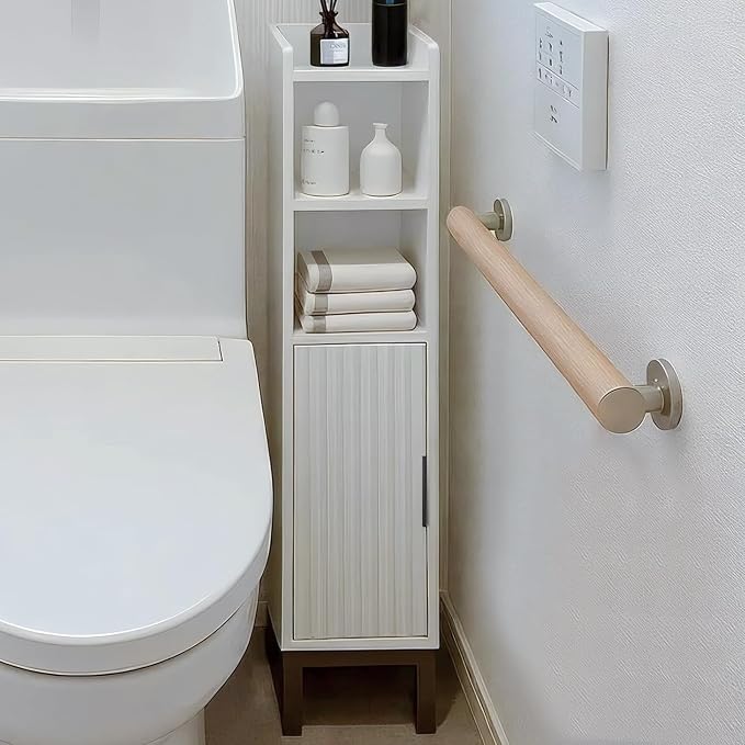 Small Bathroom Storage Cabinet, Narrow Corner Floor Cabinet with Door and Shelves for Toilet Paper, Bathroom Organizer with Adjustable Shelf, for Small Spaces (White)