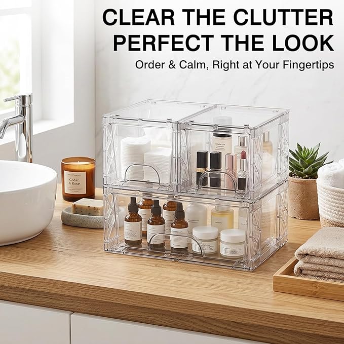 Stackable Storage Drawers 3 Pack Bathroom Undersink Organizers Simply Assembled Plastic Bins, Containers for Cosmetics, Bathroom, Kitchen, Cabinets, Snack