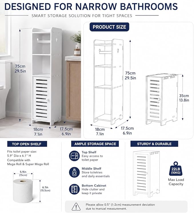 BorealBear Slim Bathroom Cabinet with Toilet Paper Holder Spindle, Fits Mega & Super Mega Rolls, Narrow Freestanding Floor Cabinet with Door and Shelves, Anti-Tip Wall Anchor Included