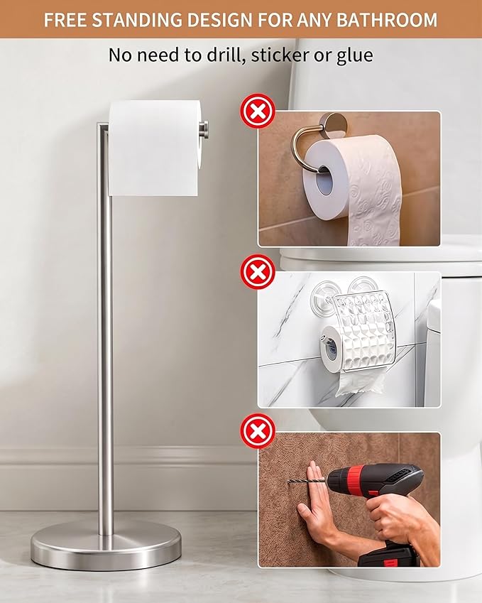 BWE Brushed Nickel Toilet Paper Holder Stand SUS304 Stainless Steel Modern Freestanding Toilet Paper Roll Tissue Holder for Bathroom, Toilet Paper Stand with Heavy Weighted Base