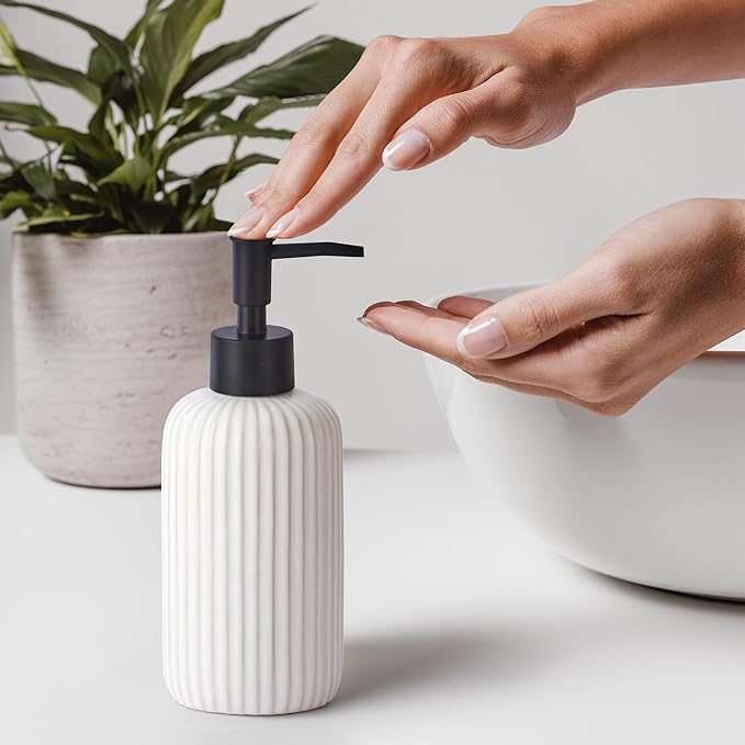 Hand Soap Dispenser Bathroom Accessories, 15oz Ceramic Dish Soap Dispenser for Kitchen Sink, Refillable Liquid Pump Bottle for Shampoo, Lotion, Conditioner, Black White Bathroom Decor