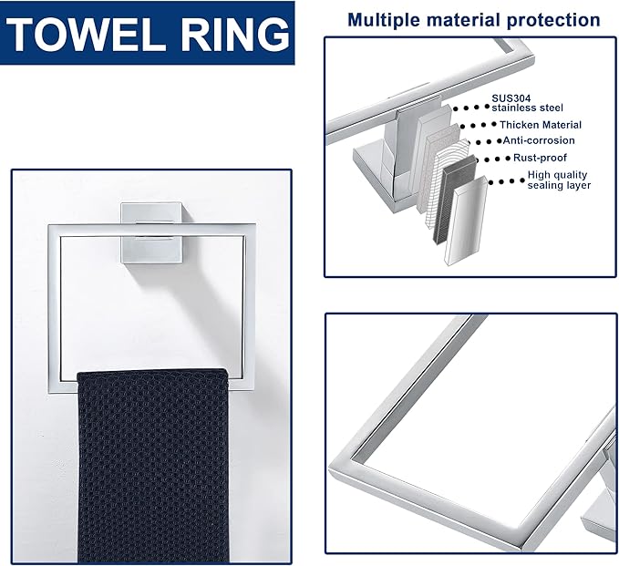 10 Pieces Bathroom Hardware Accessories Set Polished Chrome, Bathroom Towel Rack Set SUS304 Stainless Steel, Square Bath Towel bar Set Heavy Duty, Wall Mounted