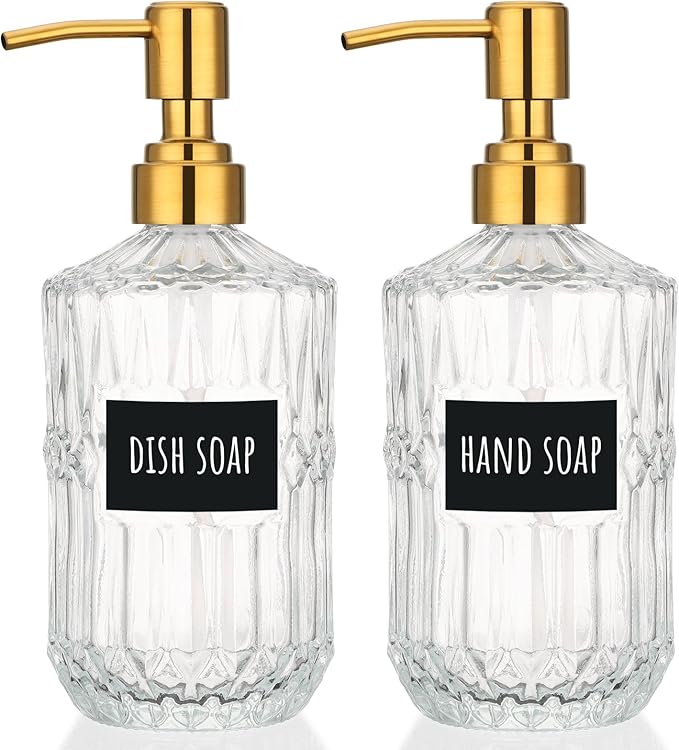 Segbeauty 15.2oz Glass Hand Soap Dispenser Bathroom, 2pcs Clear Glass Pump Dispensers for Countertop, 450ml Gel Lotion Liquid Bottles with Stainless Steel Pump, Body Wash Shampoo Conditioner Container