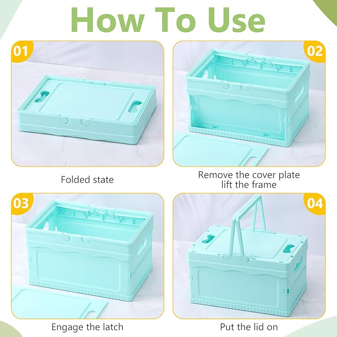 4 Pcs Pastel Plastic Storage Bin with Lid and Handle Cute Collapsible Storage Crates Foldable Plastic Basket Stackable Bins for Home Kitchen Office Bathroom Picnic (Pink,Green,Blue,Yellow)