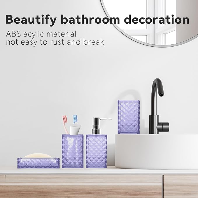 Bathroom Accessory Set, 4 PCS Light Purple Bathroom Accessories Set, Soap Dispenser and Toothbrush Holder Set, Soap Dish and Mouthwash Cup, Boho Bathroom Decor, Plastic Bathroom Sets