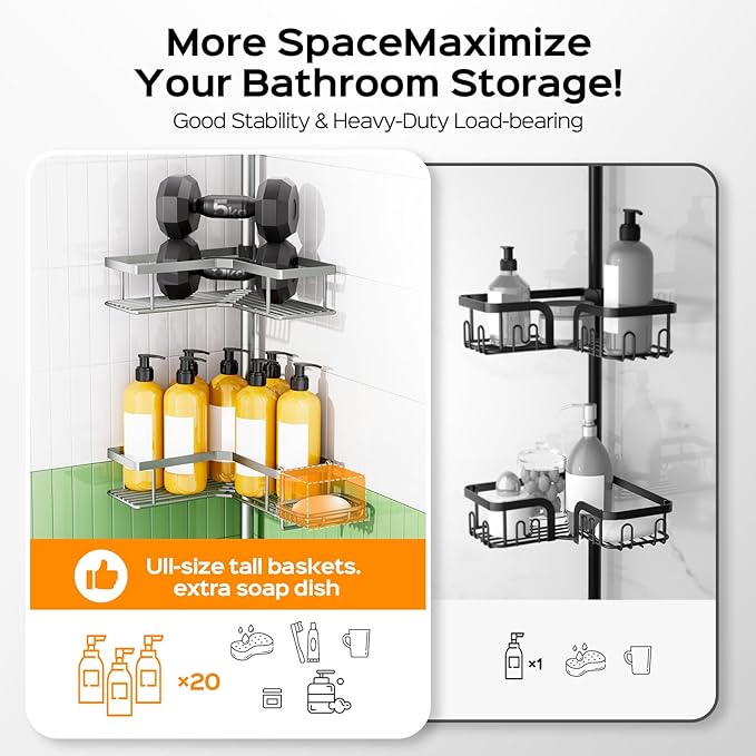 HAMITOR Shower Caddy Tension Pole: 4-Tier Corner Bathroom Organizer Shelf with Soap Holder & Hooks - No-Drill Adjustable Standing Storage Rack for Apartment Renters - 47-123 Inch Silver Gray