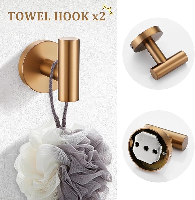 TURS Brushed Rose Gold 5 Piece Bathroom Hardware Set, SUS304 Stainless Steel 23.6 Inch Bath Towel Bar Set, Round Bathroom Accessories Kit Wall Mounted