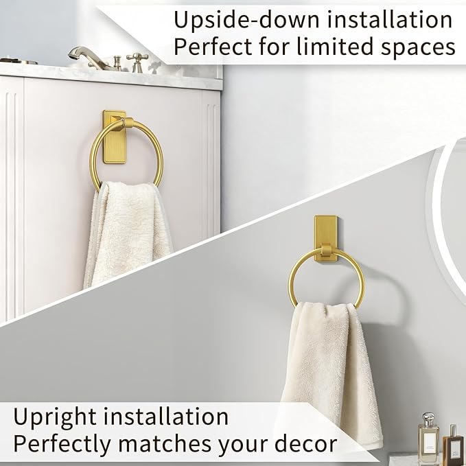 STWWO Gold Towel Ring for Bathroom, Adhesive Hand Towel Holder for Bathroom, Kitchen, No Drill