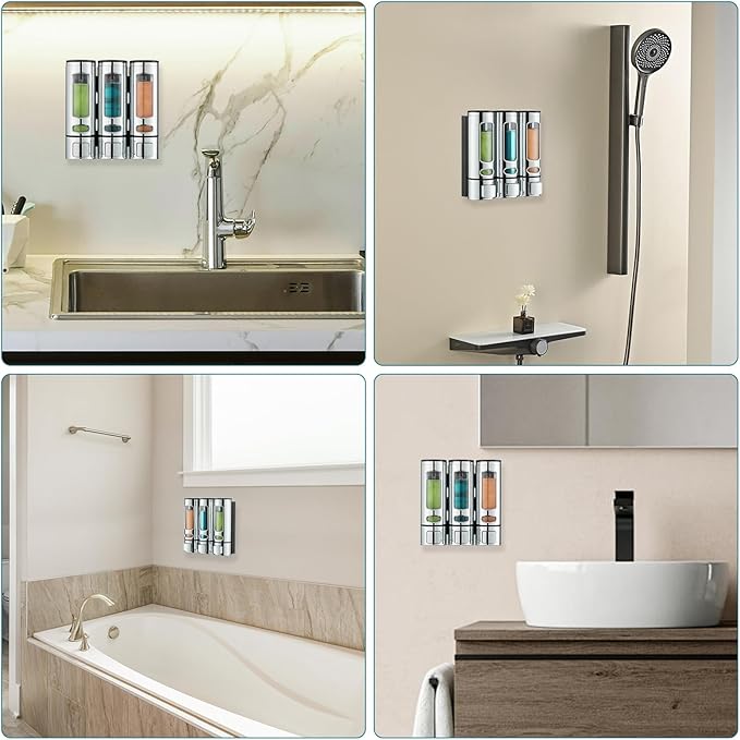 Shampoo and Conditioner Dispenser,Shower Shampoo Dispenser 3 Chamber No Drilled Shampoo Dispenser for Shower Wall Mounted Shower Dispenser Body Wash Dispenser for Bathroom Kitchen Hotel,Chrome