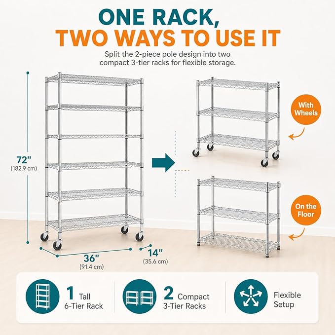 6-Tier Heavy Duty Wire Shelving Unit with Wheels or Leveling Feet, 6000 LBS Total Capacity, Adjustable Metal Storage Rack for Garage, Pantry, Kitchen, Basement, 48" W x 18" D x 76" H, Chrome