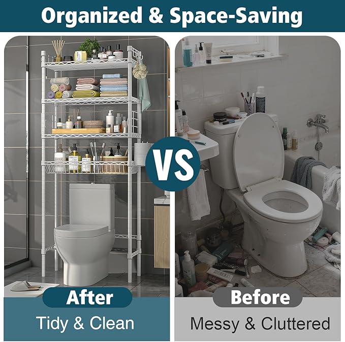 PrimeZone Over The Toilet Storage Rack - 4 Tier Adjustable Bathroom Shelf Organizer, Metal Space Saver Over Toilet with 2 Hooks, Freestanding Above Toilet Storage Shelves for Bathroom Laundry, White