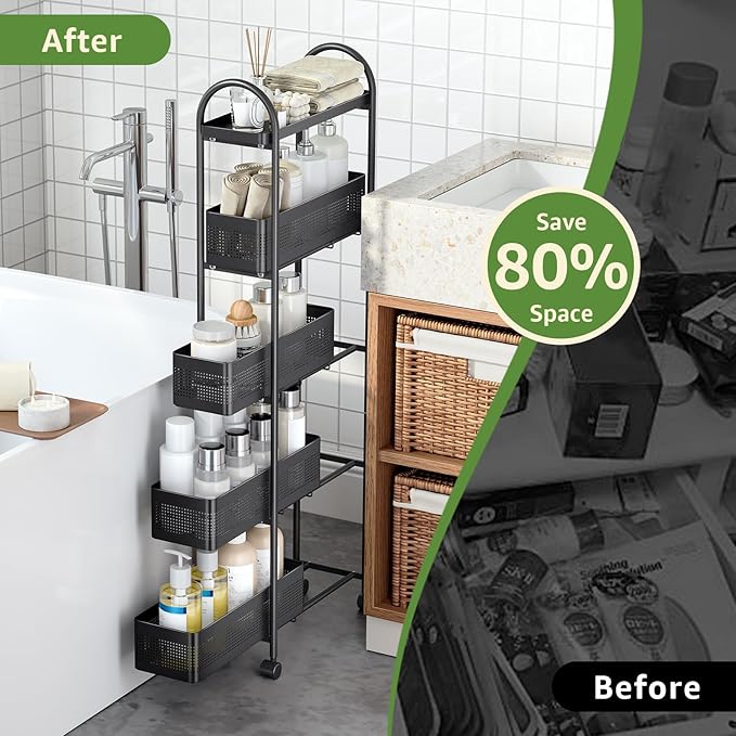 5-Tier Slim Storage Cart with Drawer, Rolling Utility Cart on Wheels, Narrow Metal Cart for Space Save, Lockable Wheels, Easy Assembly for Kitchen Cart, Craft Cart, Nursery Organizer, Laundry