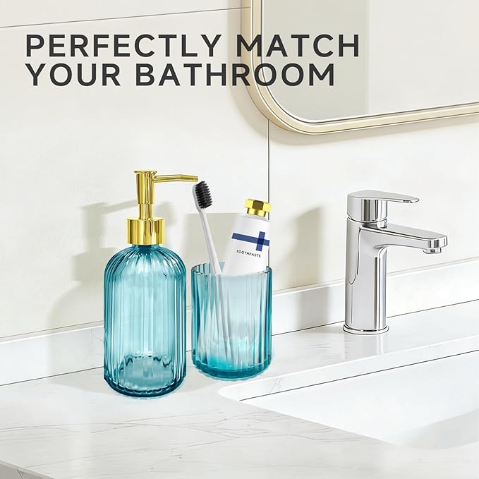 2 PCS Teal Blue and Gold Glass Bathroom Accessory Sets, Blue Bathroom Set, Soap Dispenser and Toothbrush Holder Set for Modern Bathroom Decor
