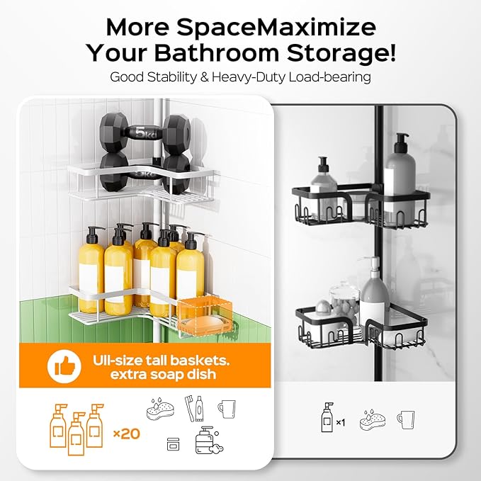HAMITOR Shower Caddy Tension Pole: 4-Tier Corner Bathroom Organizer Shelf with Soap Holder & Hooks - No-Drill Adjustable Storage Rack for Apartment Renters - 47-123 Inch White