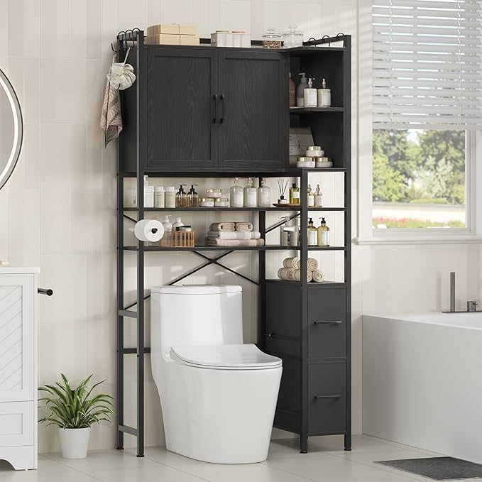 8-Tier Over the Toilet Storage Cabinet with Doors & 2 Large Drawers, Bathroom Storage Cabinet with Toilet Paper Holder, 6 Side Hooks, Over the Toilet Storage for Bathroom, Laundry Room, Black