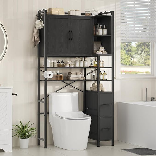 8-Tier Over the Toilet Storage Cabinet with Doors & 2 Large Drawers, Bathroom Storage Cabinet with Toilet Paper Holder, 6 Side Hooks, Over the Toilet Storage for Bathroom, Laundry Room, Black