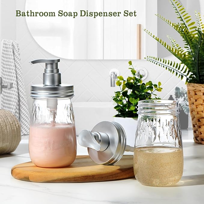 Amolliar Plastic Soap Dispenser with Pump Lid, 16 Oz Refillable Bathroom Hand Soap Dispenser Set, Clear Kitchen Liquid Dish Dispenser with Cute Lables for Farmhouse Shower (2 Pack, Silver)