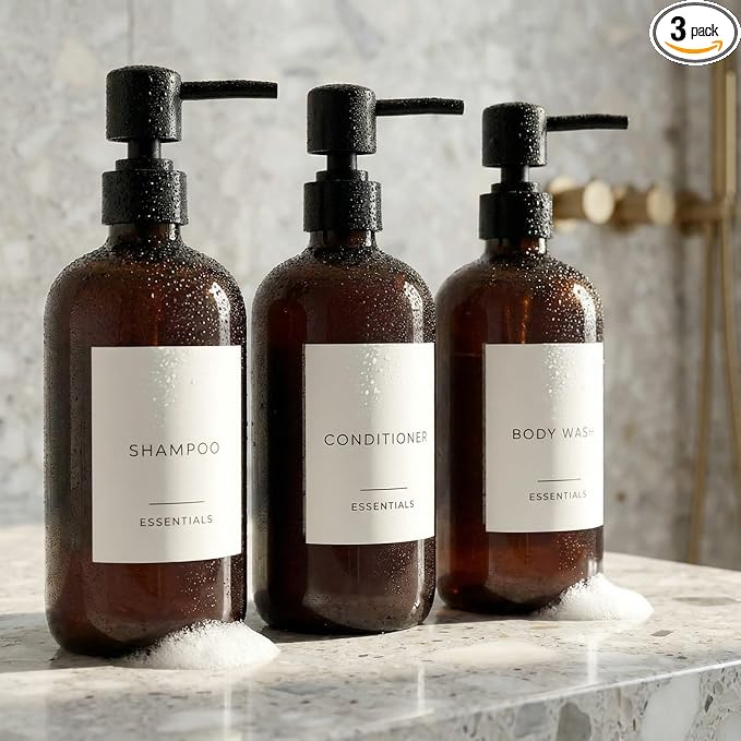 Stylish Shampoo and Conditioner Dispenser Set of 3 - Modern 21oz Shower Soap PET Bottles with Pump and Labels - Easy to Refill Body Wash Dispensers for an Instant Bathroom Decor Upgrade