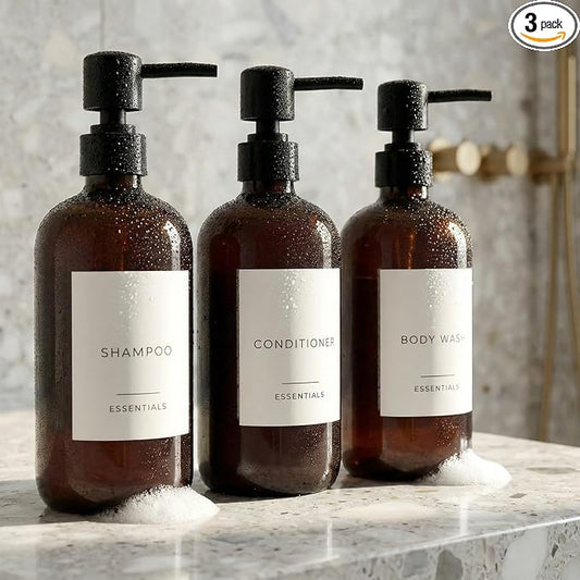 Stylish Shampoo and Conditioner Dispenser Set of 3 - Modern 21oz Shower Soap PET Bottles with Pump and Labels - Easy to Refill Body Wash Dispensers for an Instant Bathroom Decor Upgrade