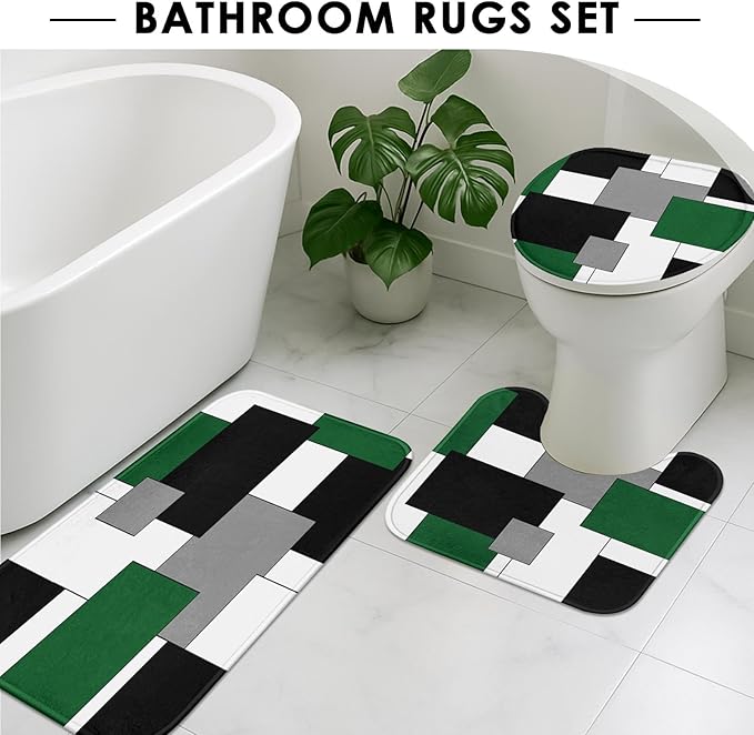 Green Geometric Shower Curtain Set with Toilet Lid Cover and Non-Slip Rugs for Bathroom, Grey Black White Checkered 4 Pcs Shower Curtain, Modern Abstract Bathroom Set with 12 Hooks