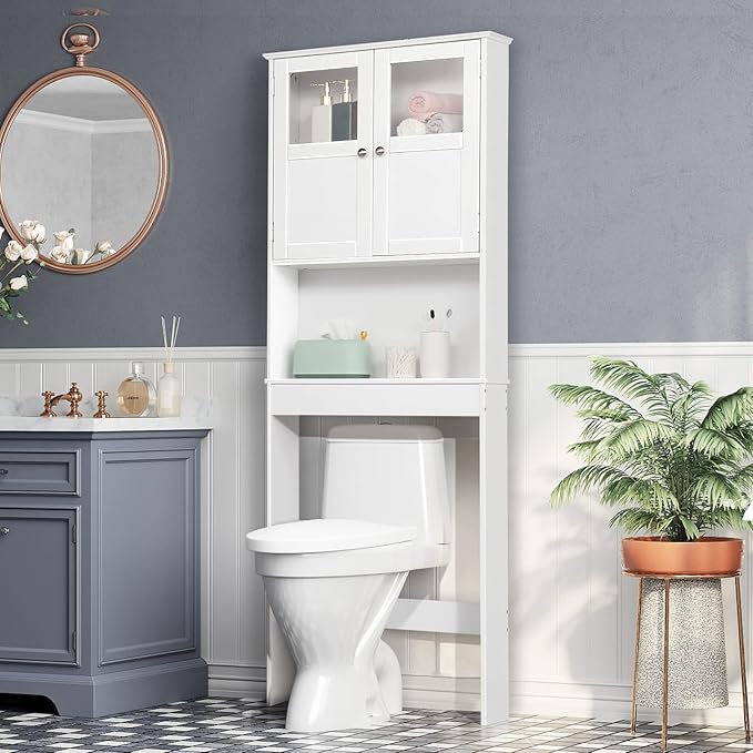 Bonnlo Over the Toilet Storage Cabinet with Adjustable Shelf White Bathroom Floor Organizer Space Saver with Double Doors, 67" Height