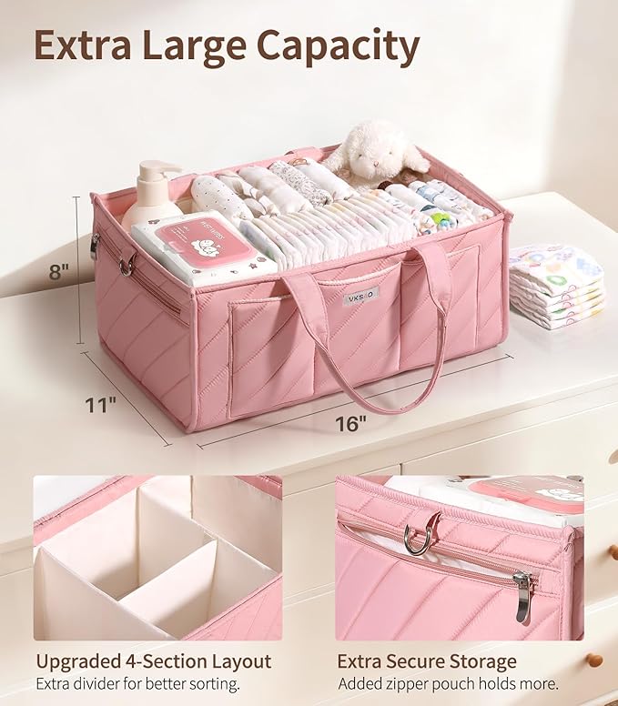Extra Large Diaper Caddy Organizer – Big Nursery Storage Basket with Zipper Pocket, Shoulder Strap & Stroller Hooks, Water-Resistant Travel Tote for Twins, Gift for Baby Shower, Blush Pink