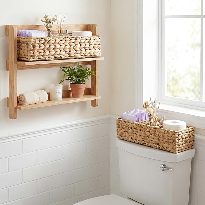 StorageWorks Toilet Paper Basket for Back of Toliet, Toilet Tank Basket with 3 Large Compartments, Water Hyacinth Toilet Paper Storage Baskets, 17¼" x 6" x 4¼", 2-Pack