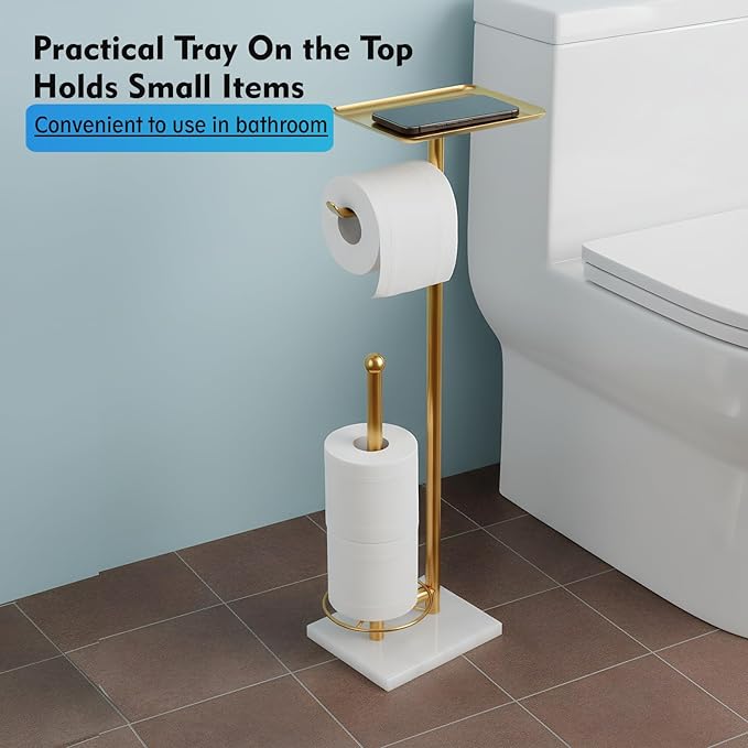 Gold Toilet Paper Holder with Shelf, Free Standing Toilet Paper Holder with Storage - Toilet Paper Stand for Holding Extra 3 Rolls, Tissue Holder for Bathroom (Gold with Marble Base)