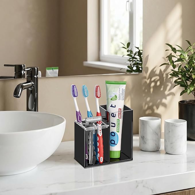 Acrylic Toothbrush Holders for Bathroom, 5 Slots Toothbrush and Toothpaste Storage Organizer Holder, Home Decor for Bathroom Accessories Organizer - Black