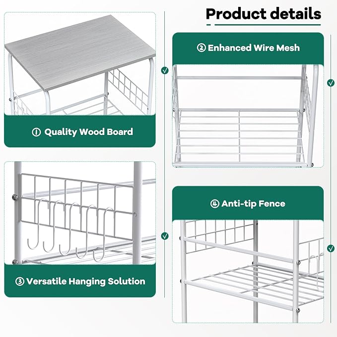 5 Tier Metal Wire Storage Rack with Wooden Top, Versatile Utility Organizer with Casters for Laundry Pantry Bathroom, Kitchen Organizers and Storage Shelving Unit Rolling Utility Carts, Grey