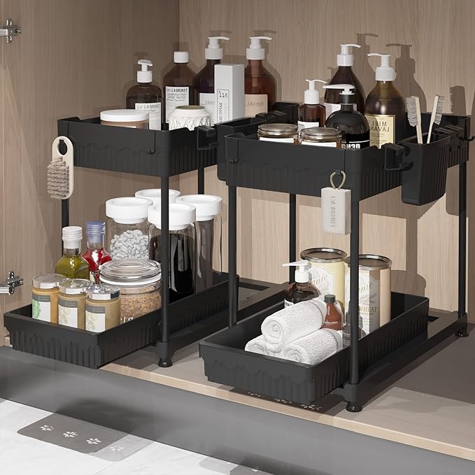 Sevenblue 2 Packs Under Sink Organizer, Height Adjustable 2 Tier Under Kitchen Sink Organizer, Multi-Purpose Storage Shelf for Kitchen Bathroom Cabinet (Black, L)