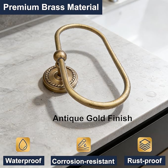 Oval Towel Ring, Brass Towel Holder for Bathroom Wall Mounted, Antique Gold Hand Towel Ring, Fashion Towel Rack Hanger for Washroom, Kitchen, Washbasin, Bar
