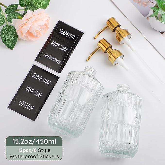 Segbeauty 15.2oz Glass Hand Soap Dispenser Bathroom, 2pcs Clear Glass Pump Dispensers for Countertop, 450ml Gel Lotion Liquid Bottles with Stainless Steel Pump, Body Wash Shampoo Conditioner Container
