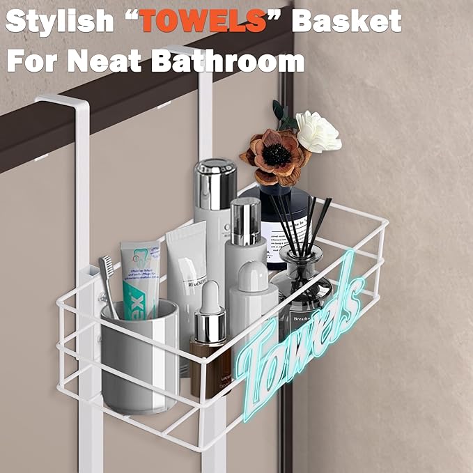 Over The Door Towel Racks, No Drill Towel Storage with Basket & Hooks, Space-Saving Multi-Functional Towel Holder for Bathrooms, bedrooms, Apartments, RVs (White, 5 Tier)