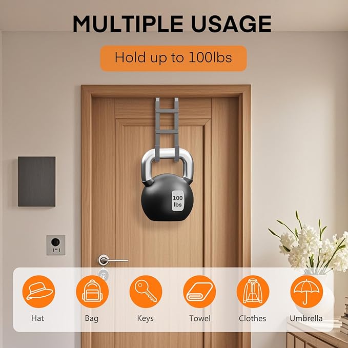 FYY Over The Door Hooks - 4 Pack Heavy Duty Double-Hanger Organizer for Bathroom Bedroom Dorm, Hanging Clothes Towels Hats Bags Ironing Board Wreath Robe - Fits Interior Doors Up to 1.6” Grey