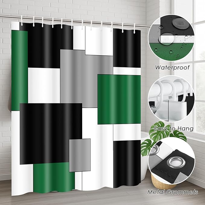 Green Geometric Shower Curtain Set with Toilet Lid Cover and Non-Slip Rugs for Bathroom, Grey Black White Checkered 4 Pcs Shower Curtain, Modern Abstract Bathroom Set with 12 Hooks