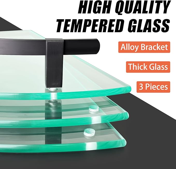 Glass Corner Shelf for Bathroom Corner Shelf, 3 Pack Tempered Glass Shelf with Black Metal Rails，Suitable for Bathroom
