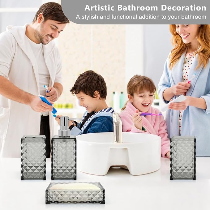 Bathroom Accessories Set, 4 Pcs Bathroom Decor Bathroom Sets Accessories, Diamond Soap Dispenser, Bathroom Tumbler, Soap Dish and Toothbrush Holder Set, Boho Bathroom Decor Grey