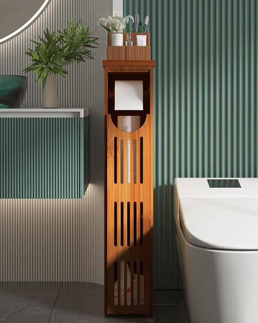 AmazerBath Bamboo Toilet Paper Holder with Storage, Bathroom Toilet Paper Storage Cabinet, Small Bathroom Storage Cabinet for Small Spaces, Slim Bathroom Storage Cabinet, 33x7.3x6.5 Inches, Brown