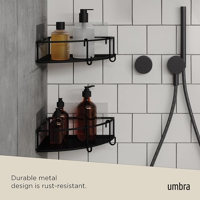 Umbra Cubiko Shower Corner Shelf, Metal Floating Shelves with Adhesive Mounting Strips, 2-Pack, Black