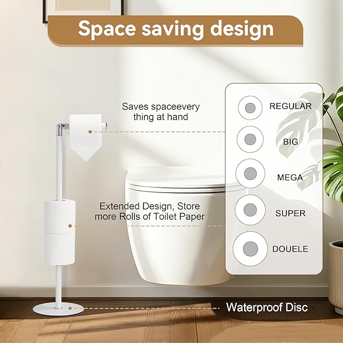 BGL Freestanding Toilet Paper Holder, Tissue Holder On Floor with Reserve Storage Paper Rolls, Roll Paper Holder Standing On Floor (White)