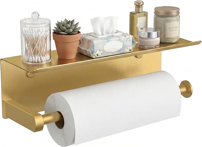 FORIOUS Paper Towel Holder with Shelf, SUS304 Stainless Steel Paper Towel Holder with Storage Shelf, Wall Mount Screw Paper Roll Organizer Commercial Paper Hand Towel Dispensers, Brushed Gold