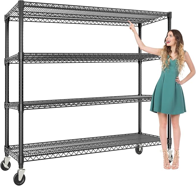 4-Tier Tall Steel Wire Shelving Unit with Wheels, Heavy Duty Storage Rack, 2640 Lbs Capacity, Adjustable Industrial Shelves for Garage, Workshop, or Warehouse