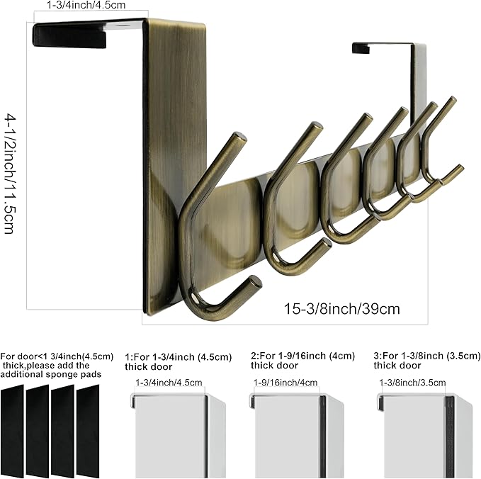 WEBI Over The Door Hooks,Door Hanger,Over Door Towel Rack,Door Coat Rack Hanger,6 Hooks for Hanging Towels,Clothes,Hats,Behind Back of Bathroom,Bronze,2 Packs