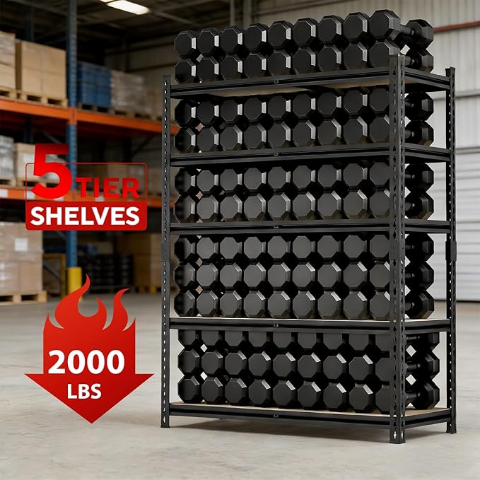 60" H x28 W x12 D: Father&I 5-Shelf-Storage-Rack Metal+Wood Garage/Kitchen Pantry Shelves Steel Utility Stand Shelving Unit Adjustable Heavy-Duty Shed Closet/Attic/Laundry Organizer, Black