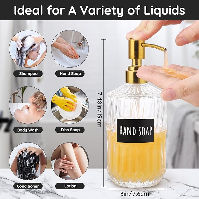 Segbeauty 15.2oz Glass Hand Soap Dispenser Bathroom, 2pcs Clear Glass Pump Dispensers for Countertop, 450ml Gel Lotion Liquid Bottles with Stainless Steel Pump, Body Wash Shampoo Conditioner Container