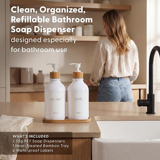 MaisoNovo Soap Dispenser Bathroom Set of 2-16.9 oz Bathroom Soap Dispenser Set - White Plastic Bottles x 2 with White Bamboo Pumps & Tray